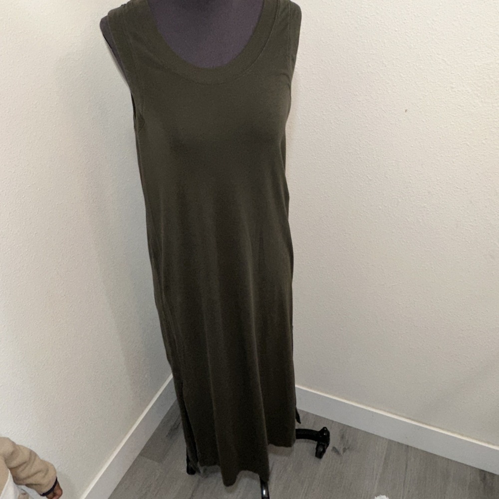 Lululemon Olive Green Scoop-Neck Midi Dress Size:6 Side Slit Cotton Blend